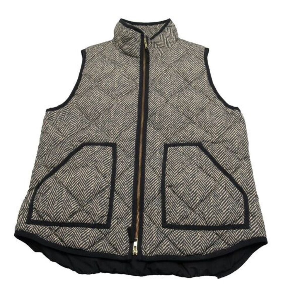J Crew Down Vest Women Medium Blue Off White Herringbone Quilted Full Zip Puffer